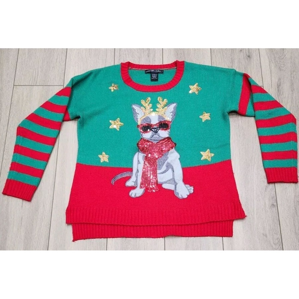 French Bull Dog Christmas Sequin Sweater‎ Women Size Large Ugly Holiday Sweater